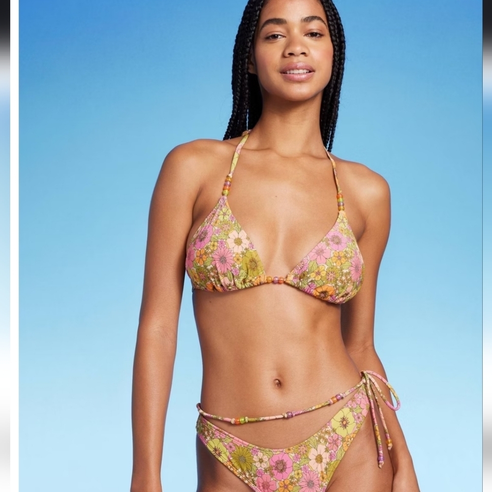 Women's Beaded Strap Triangle Bikini Top & Bottom Wild Fable Pink Floral Print